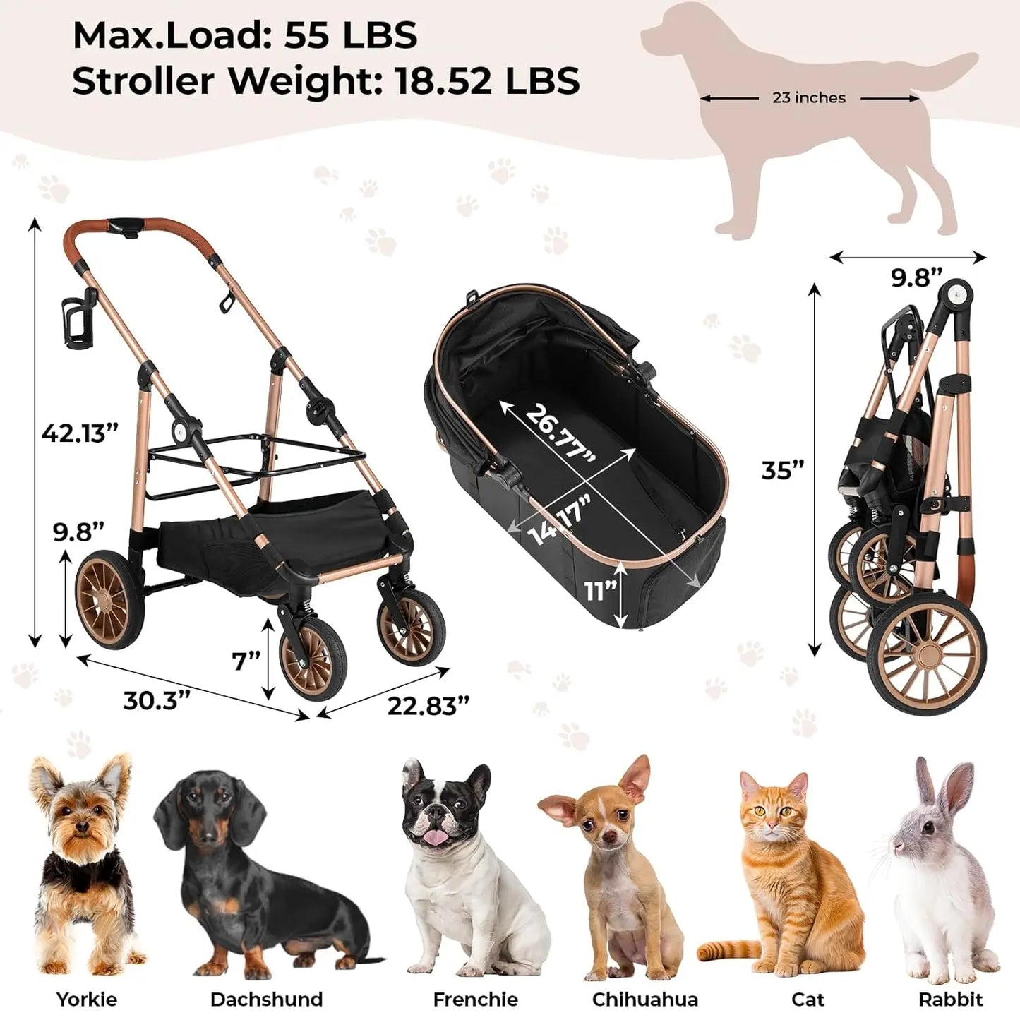 360° High Wheel Foldable Cat and Dog Pet Stroller 2-In-1 Buggy