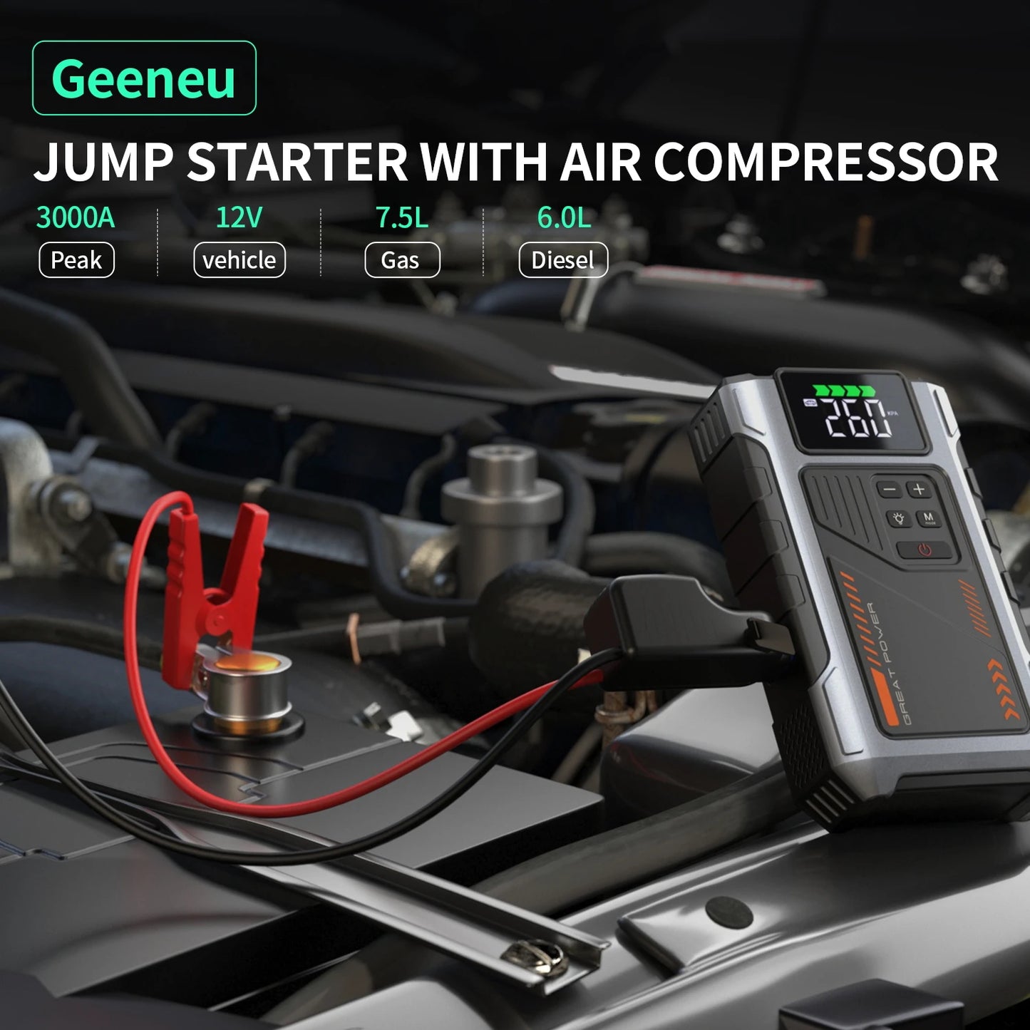 Geeneu Portable Car Jump Starter With Air Compressor 3000A Peak
