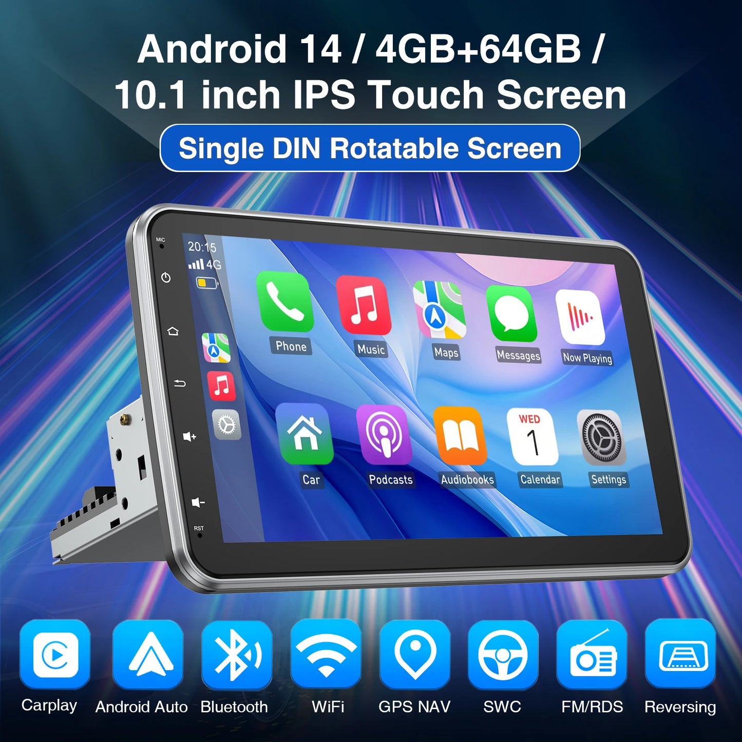 ESSGOO 10.1 Inch 4+64GB Rotatable IPS Touchscreen Single 1 DIN Car Stereo Wireless Apple Carplay Android Auto FM Bluetooth GPS