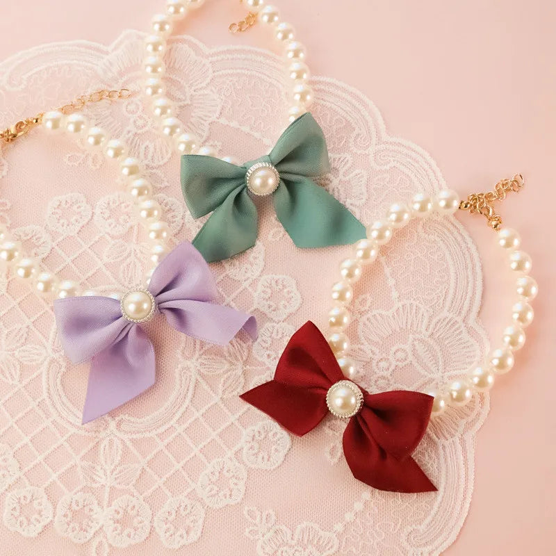 Pearl Bow Pet Collar Jeweled Necklace For Cats And Dogs