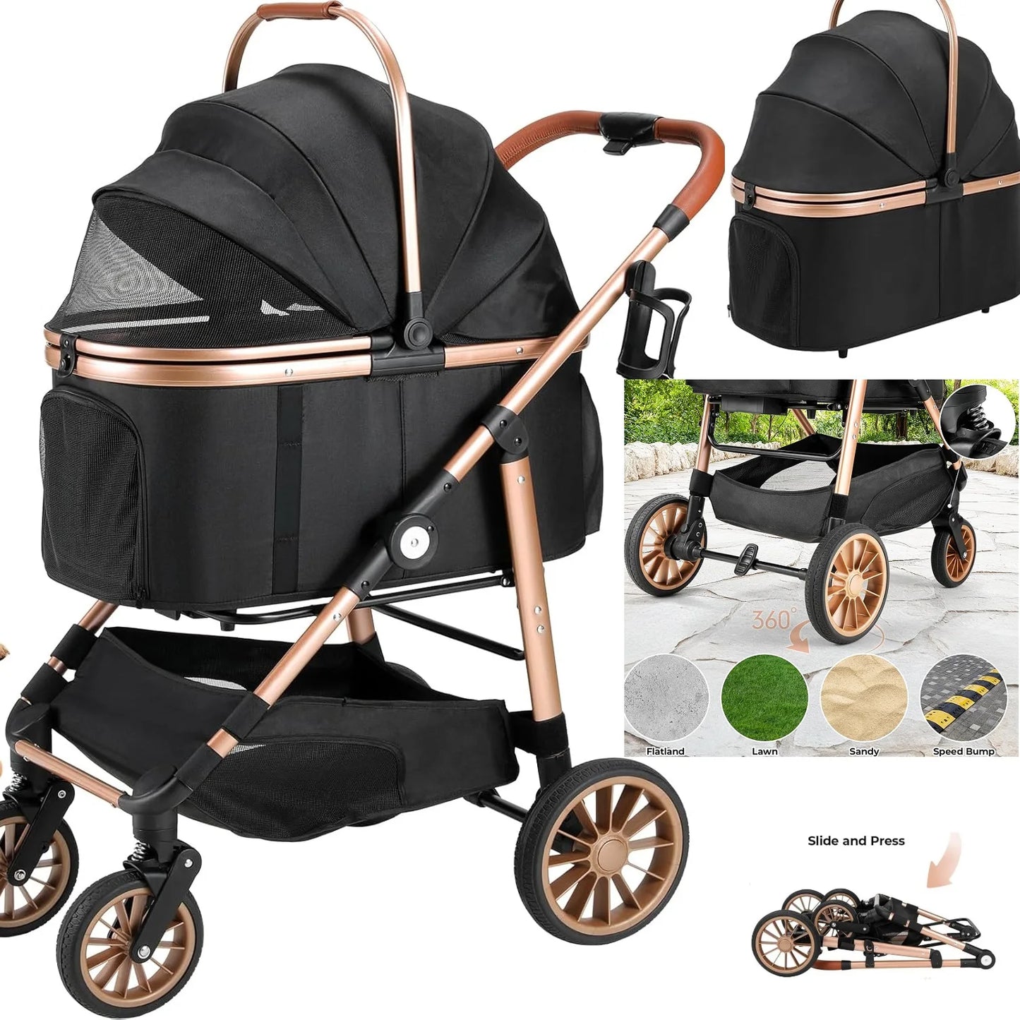 360° High Wheel Foldable Cat and Dog Pet Stroller 2-In-1 Buggy
