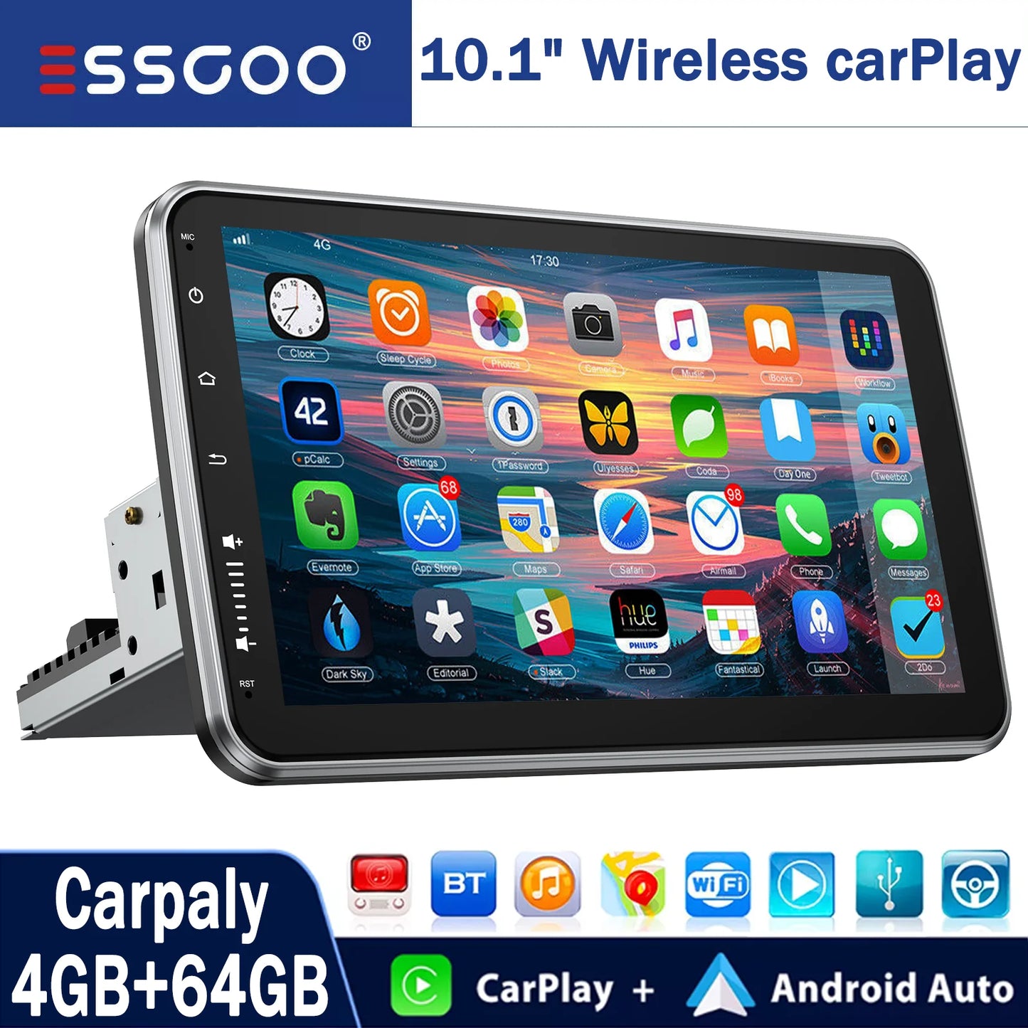 ESSGOO 10.1 Inch 4+64GB Rotatable IPS Touchscreen Single 1 DIN Car Stereo Wireless Apple Carplay Android Auto FM Bluetooth GPS