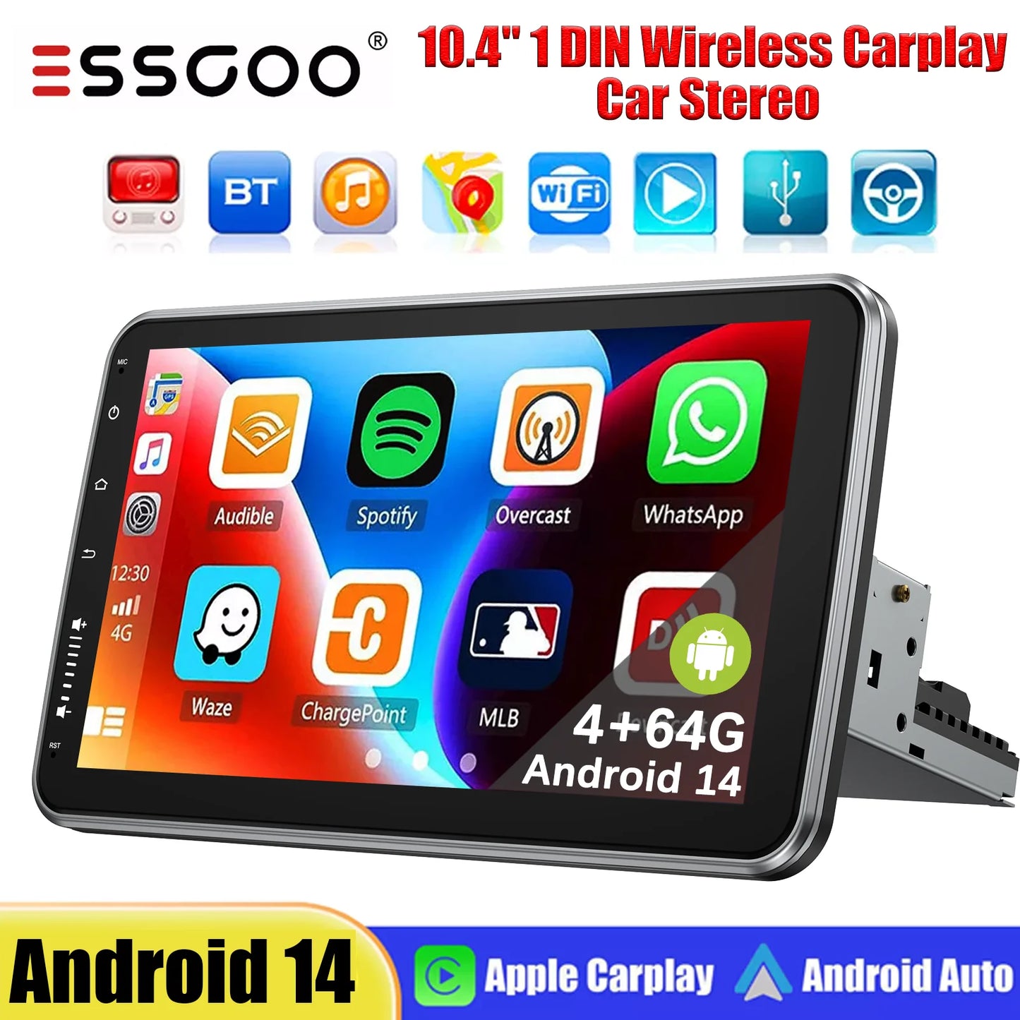 ESSGOO 10.1 Inch 4+64GB Rotatable IPS Touchscreen Single 1 DIN Car Stereo Wireless Apple Carplay Android Auto FM Bluetooth GPS