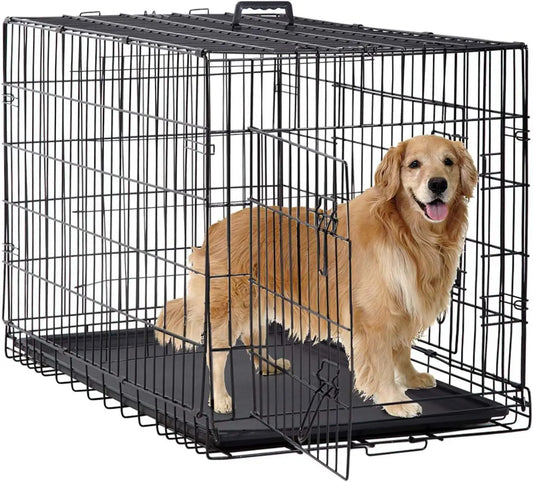 BestPet Foldable Metal Dog Crate With Double Doors And Leakproof Tray
