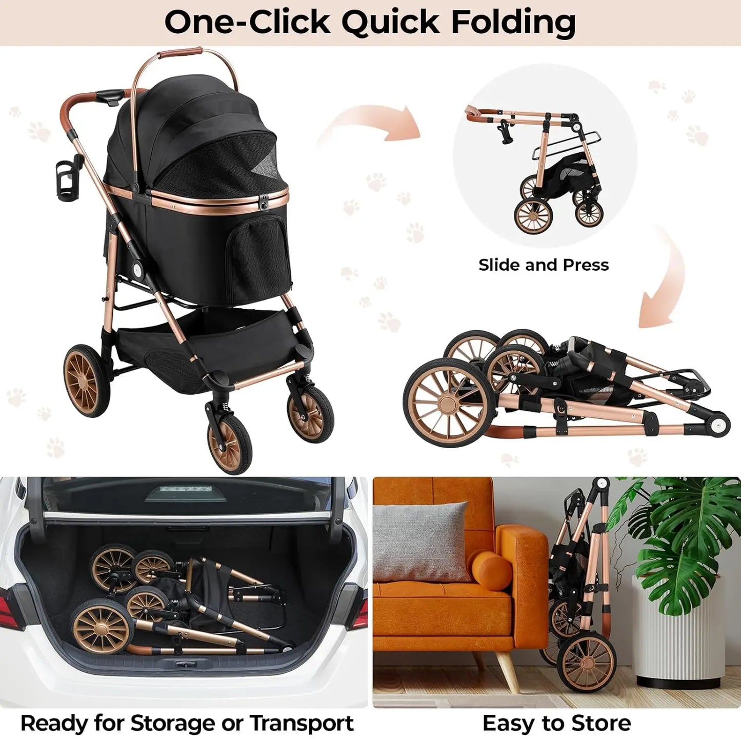 360° High Wheel Foldable Cat and Dog Pet Stroller 2-In-1 Buggy