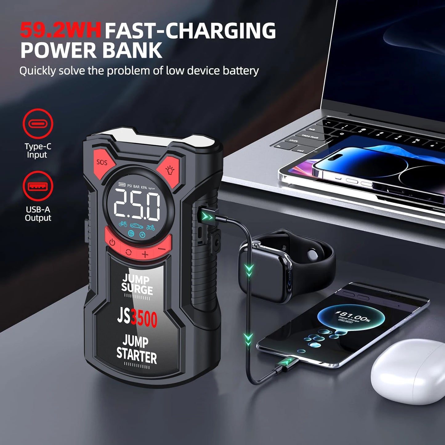 BUVAYE 5-In-1 Air Pump Jump Starter With Digital Tire Inflator